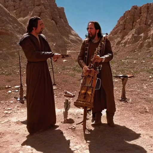 Prompt: Nicolas Cage as berber musicians, smoking hashish and playing string instruments in a dusty, sunny environment, a frame from an early star wars movie