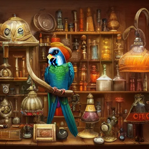 Image similar to Anthropomorphized parrot trader in his shop, portrait, items, weapons, magic potions, trinkets, carpet, lamps, window, fancy hat, sly expression, cunning expression, cute expression, long thick shiny black beak, D&D, fantasy, cinematic lighting, highly detailed, digital painting, artstation, concept art, smooth, sharp focus, illustration, warm light, cozy warm tint, magic the gathering artwork, volumetric lighting, 8k, art by Greg Rutkowski