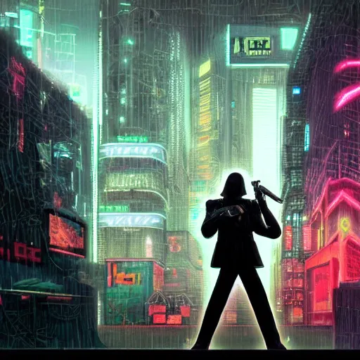 Prompt: a matte painting of a man in a black leather coat holding a gun to the sky in the middle of a cyberpunk city by Wayne Barlowe, night, neon lights,