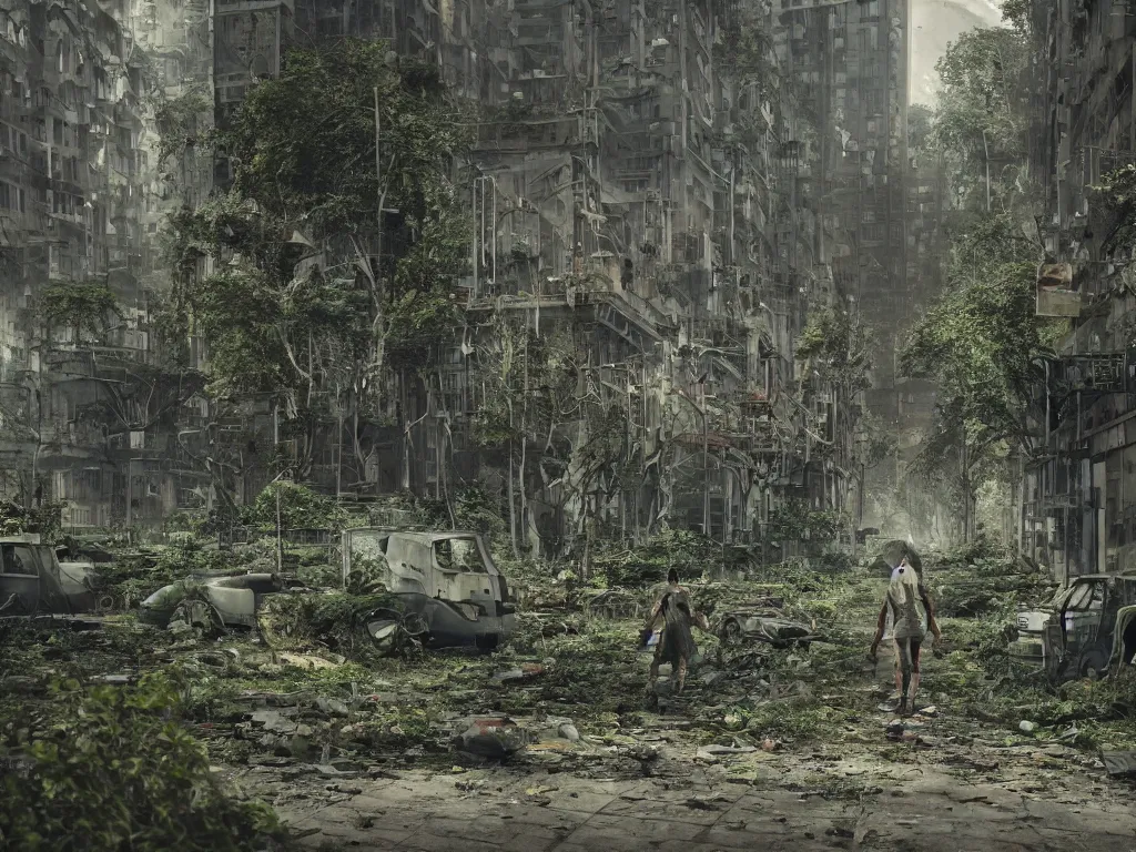 Image similar to an abandoned overgrown city, small amount of zombies lurking around, plants everywhere, windows broken, sole traveler walking in the middle, highly detailed, octane render, cinematic, shock, sharp focus