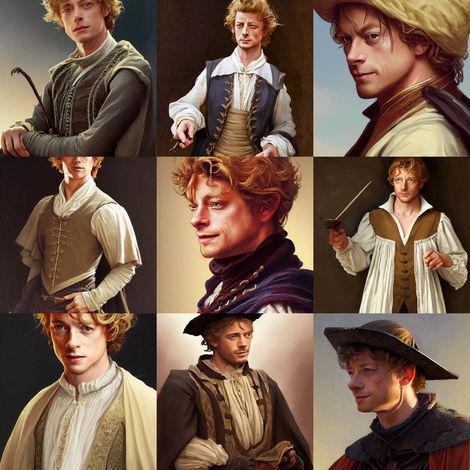 Image similar to a young man wearing 16th century clothes, sly expression, blonde, young simon baker, D&D, fantasy, portrait, highly detailed, digital painting, artstation, concept art, sharp focus, illustration, art by artgerm and greg rutkowski and alphonse mucha