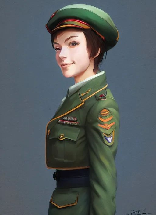 Image similar to portrait of young woman with light brown shoulder length hair and hazel eyes dressed in a sharp dark teal military uniform and beret, smiling, ilya kuvshinov, svetlana tigai, greg rutkowski, anime, digital art, painting