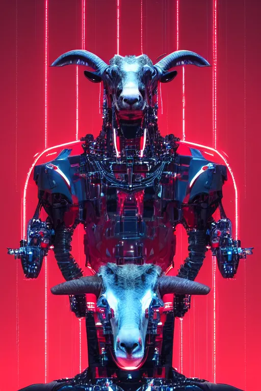 Image similar to giant imposing complex machine merged with evil cybernetic goat head at helm, cyberpunk, red hues