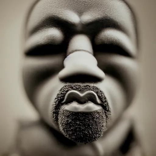 Image similar to Portrait studio photograph of Kanye West & an anthropomorphic teddy bear, close up, shallow depth of field, in the style of Felice Beato, Noir film still, 40mm