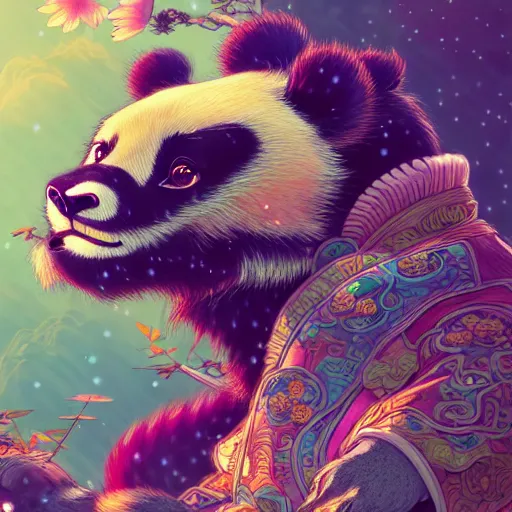 Image similar to a beautiful hyperdetailed character design 4 k wallpaper illustration of a cute panda with a chinese lion dance head victo ngai cyberpunk style, from china, style of studio ghibli, makoto shinkai, raphael lacoste, louis comfort tiffany, artgerm, james jean, ross tran, chinese style