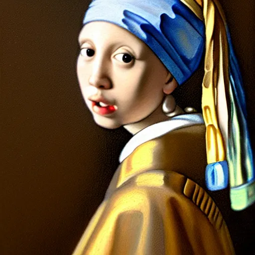 Image similar to a portrait of a young girl wearing a pearl earring. The girl is looking over her shoulder at the viewer with a sly expression on her face. naturalistic style with soft, muted colors. The girl's face is the only part of the painting that is in sharp focus. The rest of the painting is done in a soft, blurry style. The girl's face is lit from the left, creating a soft, halo-like effect around her head. The pearl earring is the only source of light in the painting. an oil tronie painting.