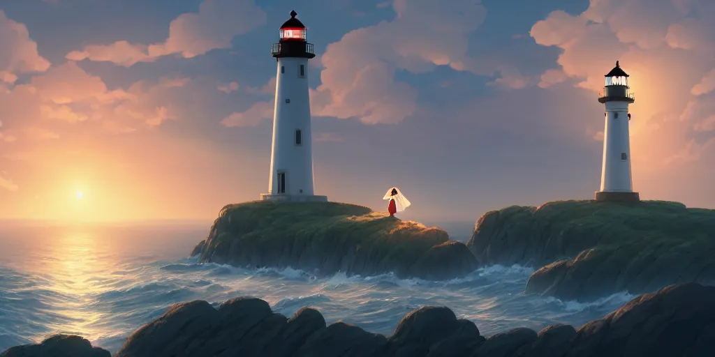 Prompt: the girl and the lighthouse. matte painting, anime, studio ghibli. intricate, elegant, super highly detailed, professional digital painting, artstation, concept art, smooth, Unreal Engine 5, Photorealism, HD quality, 8k resolution, cinema 4d, 3D, beautiful, cinematic