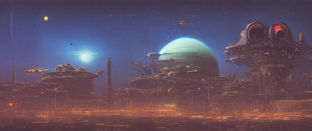 Image similar to a wide shot of a large distant hi-tech sci-fi spaceship from the outside, with a lot of bright color lights, bridges, turrets, pipes, orbiting a gas giant planet, beautiful, volumetric light, photography, color, intricate, extremely detailed, photorealistic, a painting by Beksinski