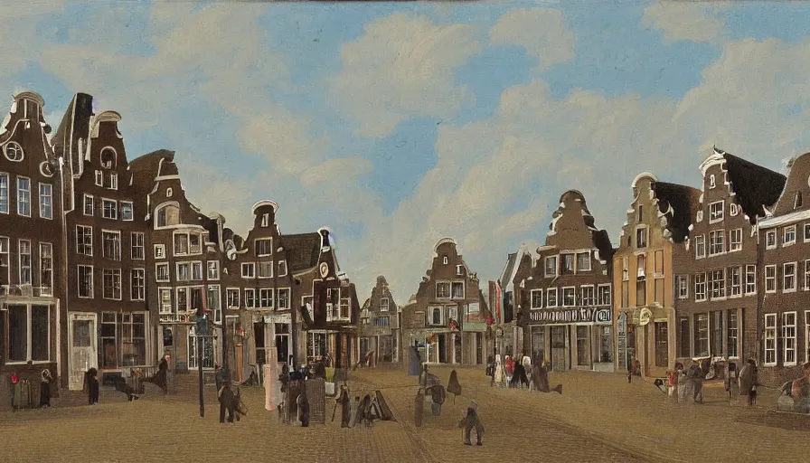 Prompt: dutch townscape scene, isometric view, painting