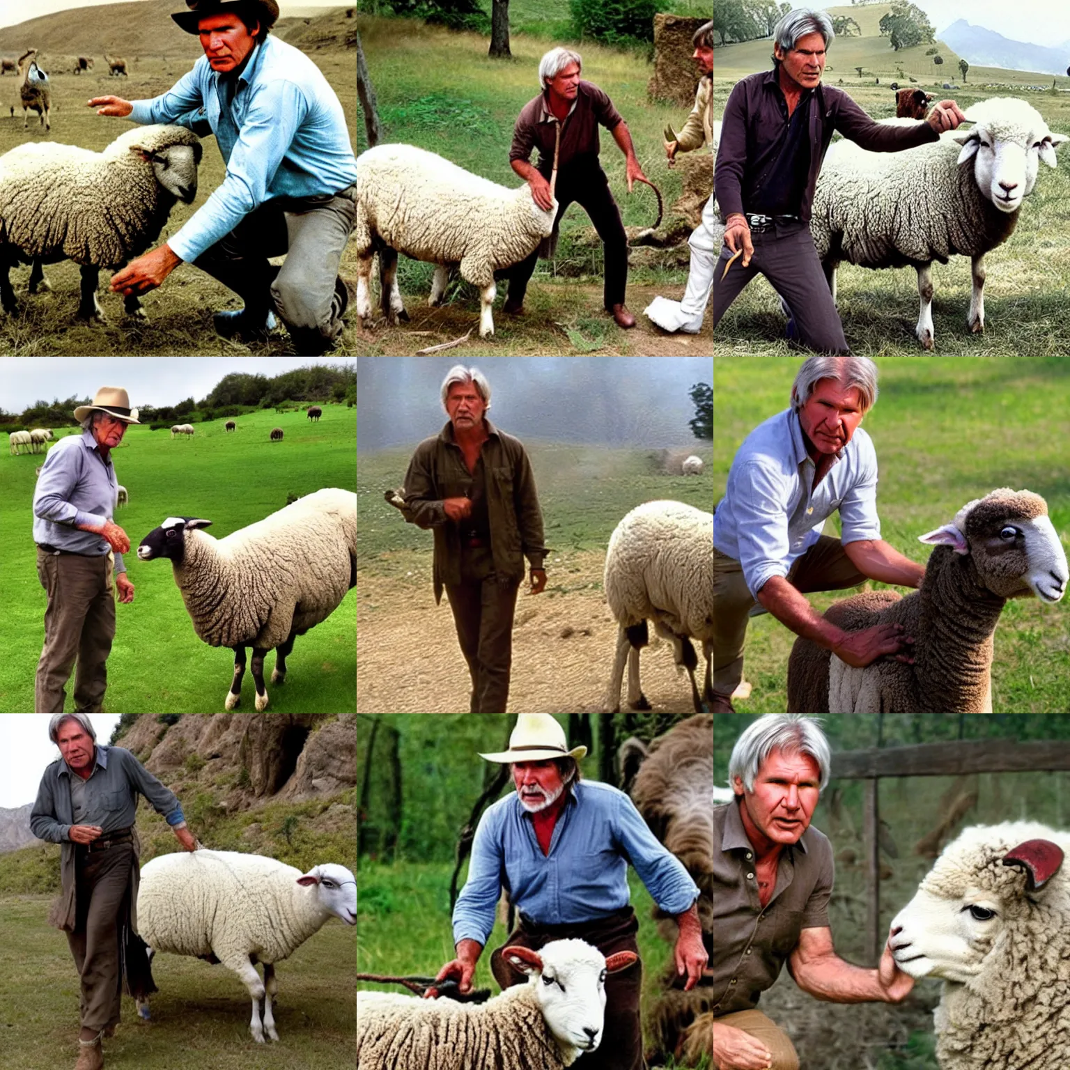 Prompt: Indian Jones (Harrison Ford) taming a sheep
