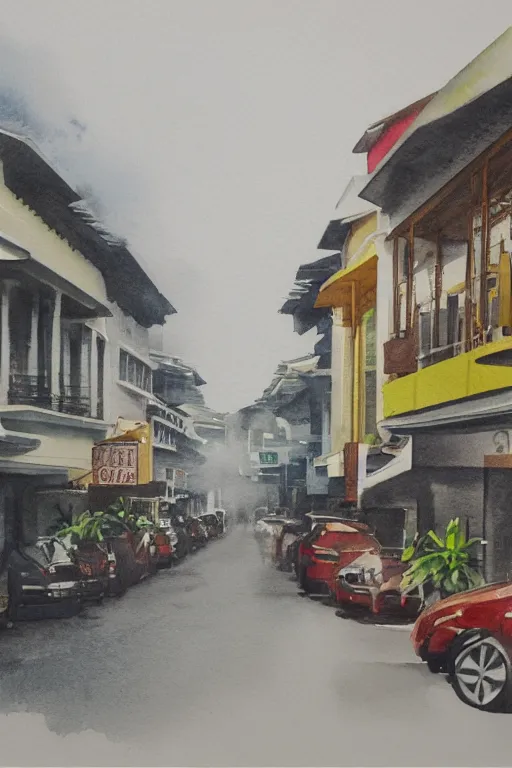 Prompt: a watercolor depicting a singapore katong, gloomy weather, high contrast, smooth, by joseph zbikowicz, 8 k