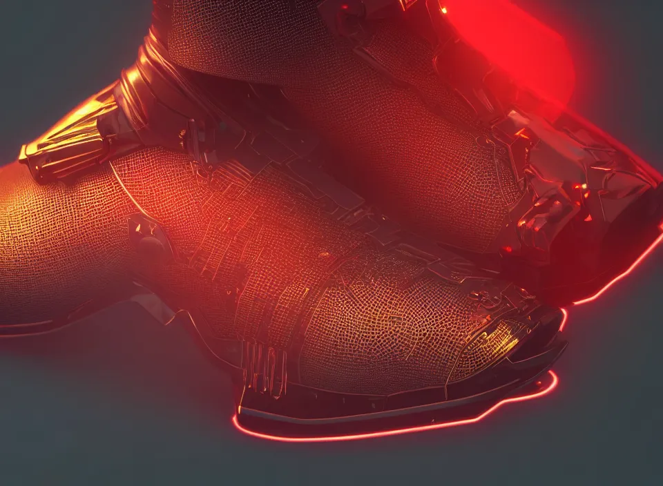 Image similar to realistic 3 d render of a cyberpunk android sneaker, beautiful studio lighting, soft, sharp focus, neon cyberpunk highlights, intricate detail, gold and red accents, soft rubber, octane render, side view, close up, trending on artstation, deviantart, issey miyake, lloyd wright, feng zhu