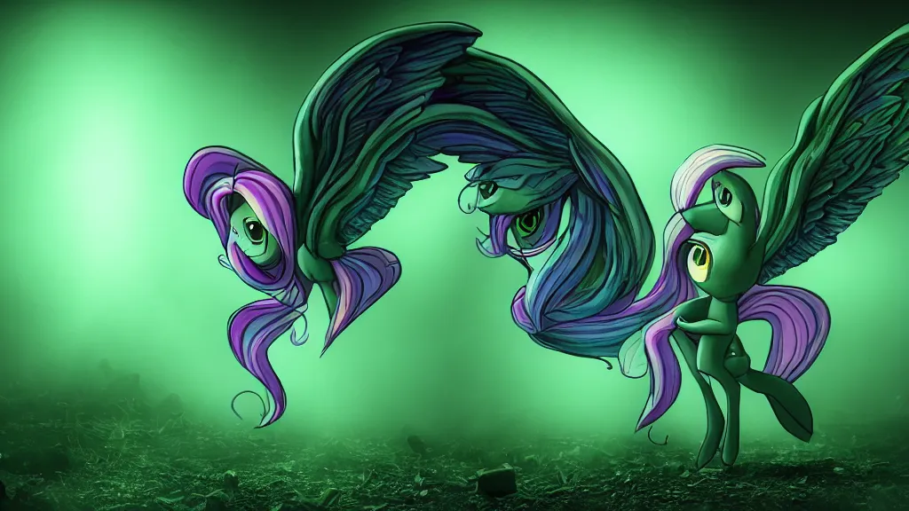 Image similar to 3D Fluttershy from My Little Pony as a necromancer, standing over a tomb stone, bright green swirls coming up it, glowing aura around her, pitch black background, dramatic and colorful lighting, floating green chibi glowing skulls, smoke all around, insane special effects, unrealengine, 4k, HDR, unique camera angle, bones lying on the ground, inside a crypt, skeletons rising from the dead, artwork, gothic style, detailed feathers, detailed faces with large eyes and pupils