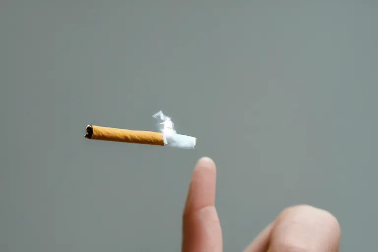 Image similar to Close-up of cigarette in five fingers, thin soft hand holding cigarette, hyper realistic, photographic style