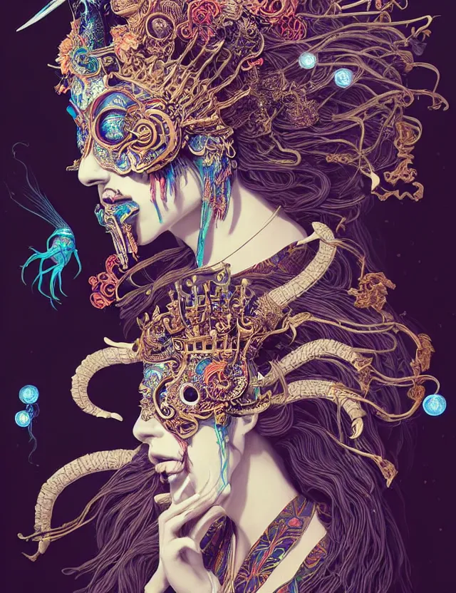 Image similar to goddess portrait with mask and crown made of ram skull. beautiful intricately detailed japanese crow kitsune mask and clasical japanese kimono. betta fish, jellyfish phoenix, bioluminescent, plasma, ice, water, wind, creature, super intricate ornaments artwork by tooth wu and wlop and beeple and greg rutkowski