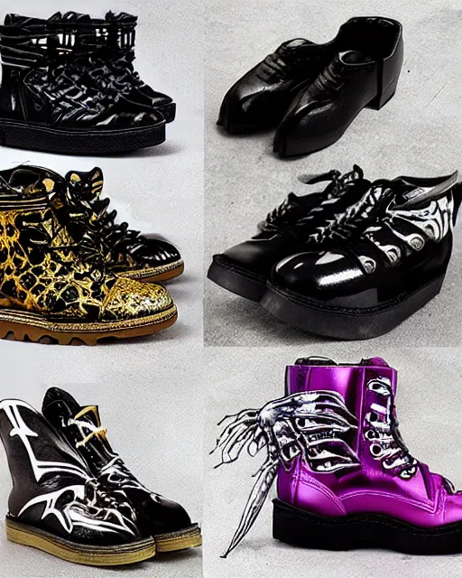 Image similar to stylish shoe design, killer boots, scorpions, spiders, high soles, battle shoes, metal, heavy metal rave shoes