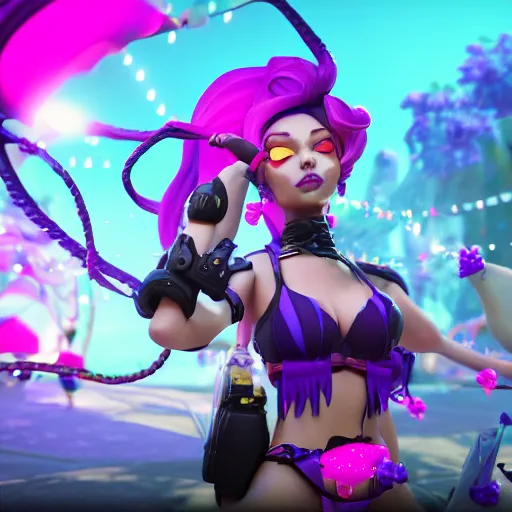 Image similar to still of pretty Jinx (League of Legends) in KDA music video. 3d render, octane render, game art, realistic, highly detailed, trending on artstation, 4k, trending on artstation, pixar, cgsociety, unreal engine 5, redshift render, trending on artstation, blender, behance, cg