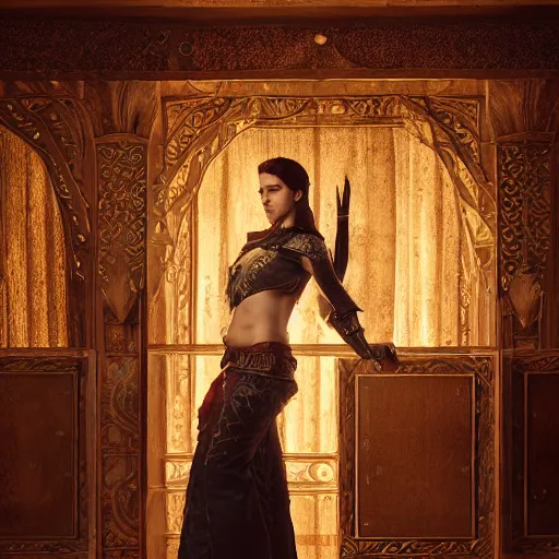 Image similar to the elder scrolls vi, charismatic regal brunette female jarl, portrait, rustic throne room, atmospheric lighting, painted, intricate, volumetric lighting, beautiful, daytime,, slight overcast weather, 4 0 0 0 k, sharp focus, deep colours, ultra detailed, by leesha hannigan, ross tran, thierry doizon, kai carpenter, ignacio fernandez rios