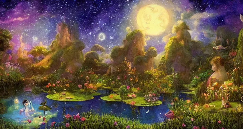 Prompt: a whimsical fairyland with a pond, starry sky, ambient lighting, fantasy art, fennando amorsolo style art