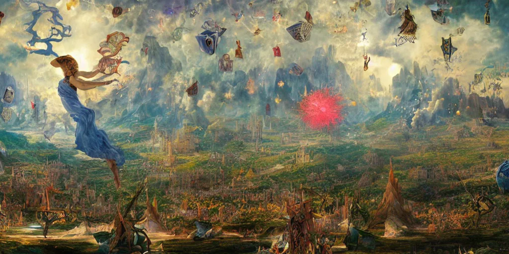 Image similar to a beautiful and highly detailed matte painting of magical tarot cards floating in the midst of magical explosions, intricate details, epic scale, insanely complex, 8 k, sharp focus, hyperrealism, very realistic, by caspar friedrich, albert bierstadt, james gurney, brian froud,