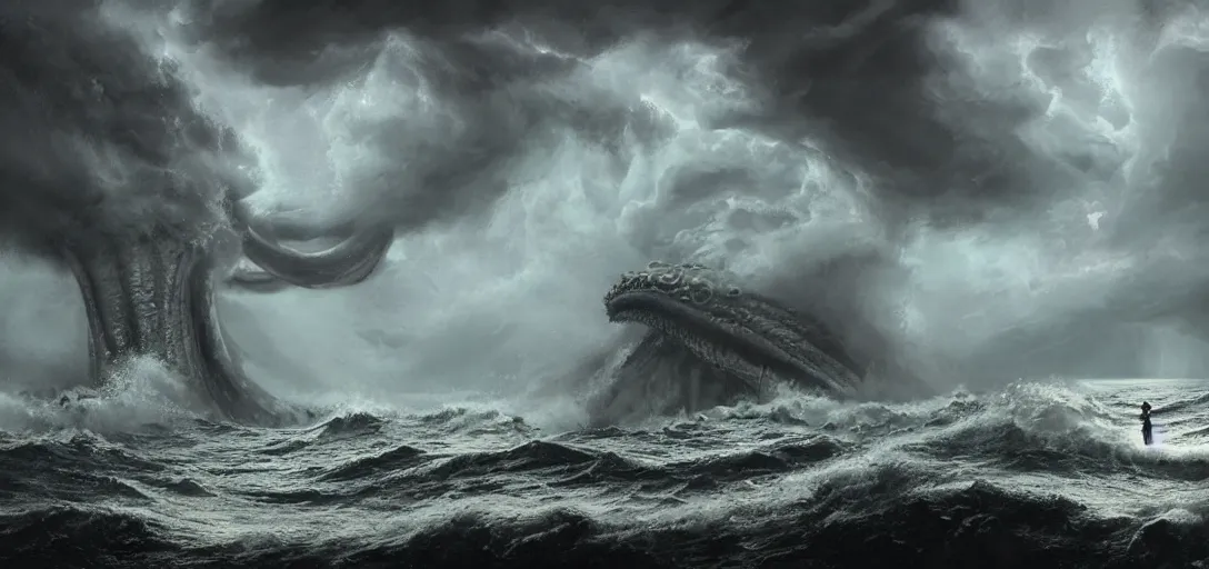 Prompt: wild ocean storm at night, a giant kraken emerging from water, dramatic lighting, cinematic, establishing shot, extremely high detail, photorealistic, cinematic lighting, post-processed, concept art, artstation, matte painting, in the style of eddie mendoza, raphael lacoste, alex ross