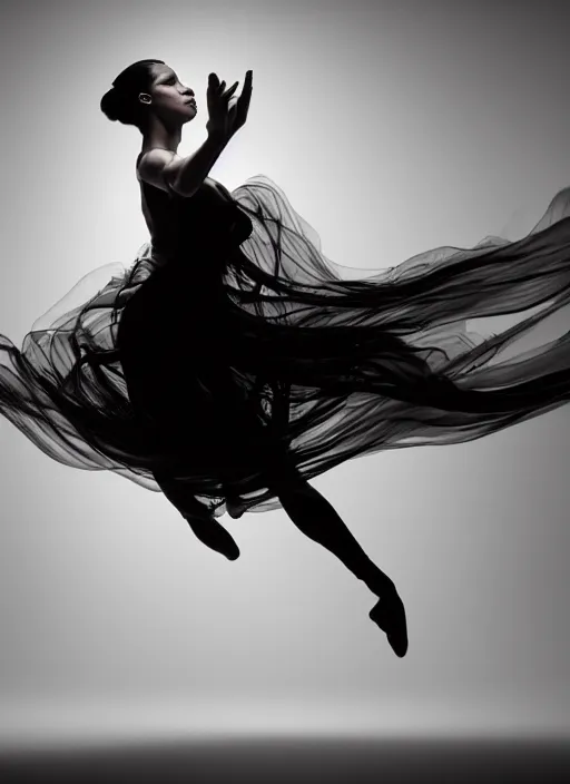 Image similar to a Photorealistic dramatic hyperrealistic render of a beautiful Female smoke dancer by Ken Brower and Deborah Ory of NYC Dance project,Lois Greenfield,Flowing cloth and smoke,Beautiful dynamic dramatic dark moody lighting,volumetric,shadows,cinematic atmosphere,Octane render,8K