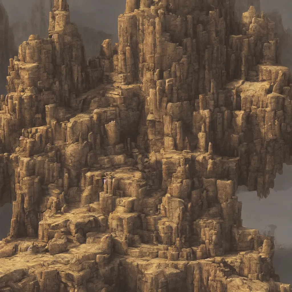 Prompt: sandstone temple built into hard cliffs, massive scale, atmospheric perspective, atmospheric, concept art, environment concept art, photorealistic