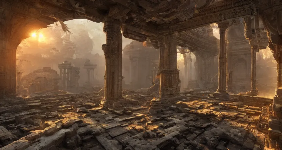 Image similar to The interior of an mytical and ancient temple in ruins, hyperdetailed, artstation, cgsociety, golden hour 8k