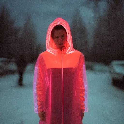 Image similar to A realistic and detailed portrait photography of a woman wearing a futuristic transparent raincoat with hoodie. by Annie Leibovitz. Neo noir style. Cinematic. Red neon lights and glow in the background. Cinestill 800T film. Lens flare. Helios 44m. Ultra detail. Photoreal. Depth of field.