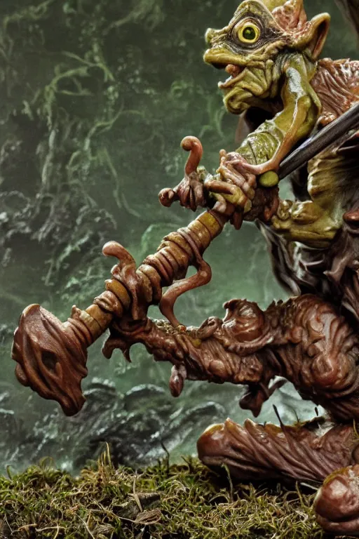 Prompt: detailed sharp focus, detailed low dnd goblin figure, with a walking cane, background is goblincore forest, mist, frogs, artwork by Victor Adame Minguez + Yuumei + Tom Lovell + Sandro Botticelli,