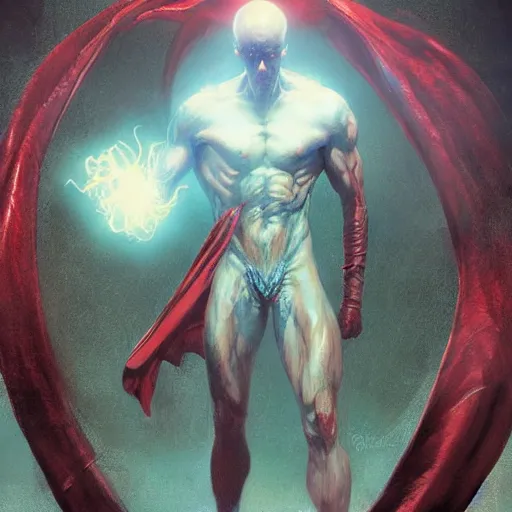 Prompt: skinnyfat physique wrathful Dr. Manhattan warlock mage of the northern winds wearing a red leather cape brandishing a glowing red orb whilst standing on a cliff christopher shy leonardo da vinci Jean Sebastien Rossbach jana schirmer jeff simpson greg staples