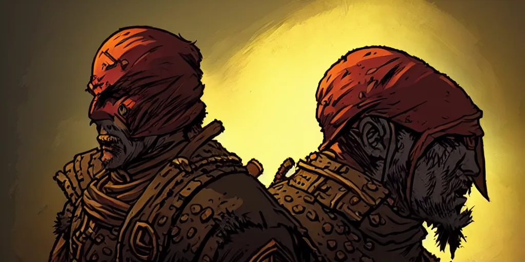 Image similar to warrior character portrait, sprite, darkest dungeon, pc game, sideview, art by moebius and greg rutkowski.