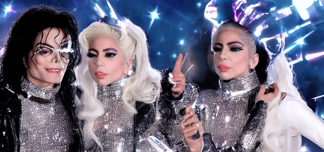 Image similar to Michael Jackson and Lady Gaga in a futuristic sparkly electric music video, 4K Vevo 2012