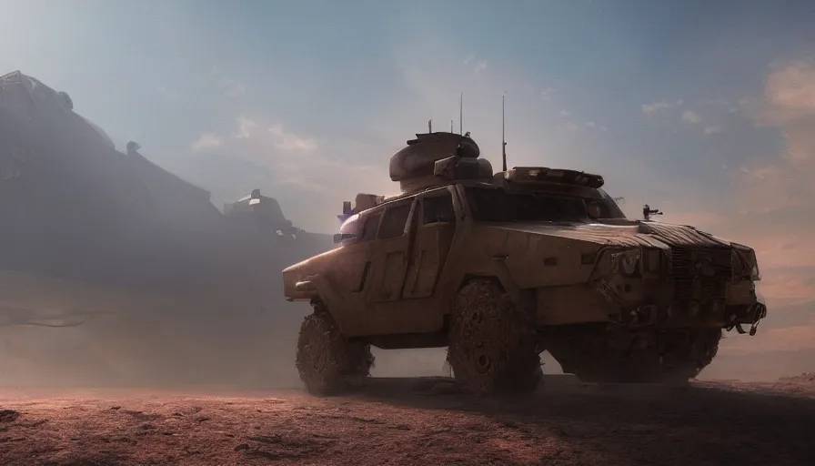 Prompt: an image of an armored vehicle in the desert with blue headlights on by Paul Chadeisson, atmospherical, concept art, high detail, intimidating , cinematic, sun flare, dust storm , Artstation trending, octane render