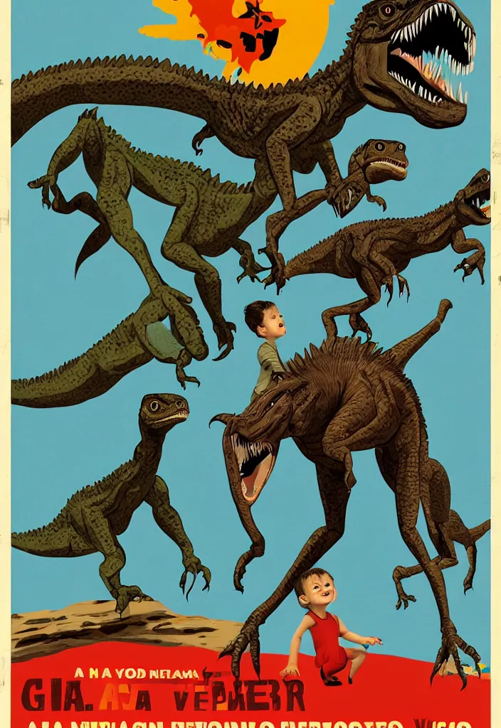 Image similar to a child looking at a velociraptor in the style of a retro poster, movie poster