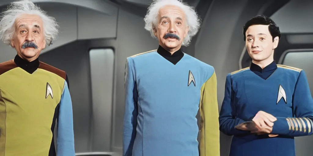 Image similar to Young Eintsein and Old Einstein in starfleet uniforms from the next Star Trek movie