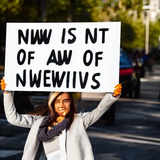 Prompt: a person holding a sign that says, news