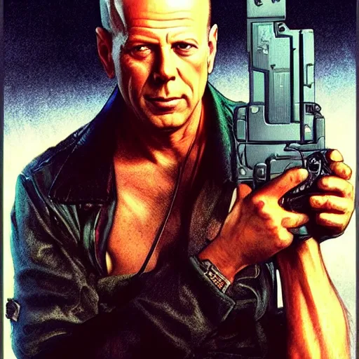 Image similar to portrait of bruce willis dressed as pin - up, holding a gun, distopic, the fifth element, futuristic, science fiction, intricate, headshot, highly detailed, digital painting, artstation, concept art, sharp focus, cinematic lighting, illustration, art by artgerm and greg rutkowski, alphonse mucha, cgsociety,