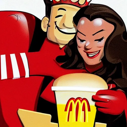 Prompt: a promotional concept art for mcdonald ’ s depicting mcdonald ’ s and burger king embracing each other for the ultimate merging of the 2 companies