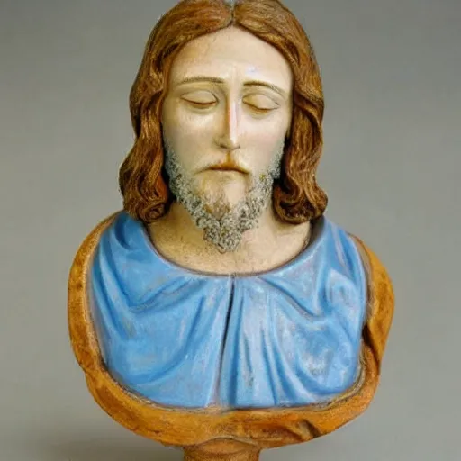 Image similar to holy roman chalkware Jesus bust antique painted pearlescent blue sacred Catholic