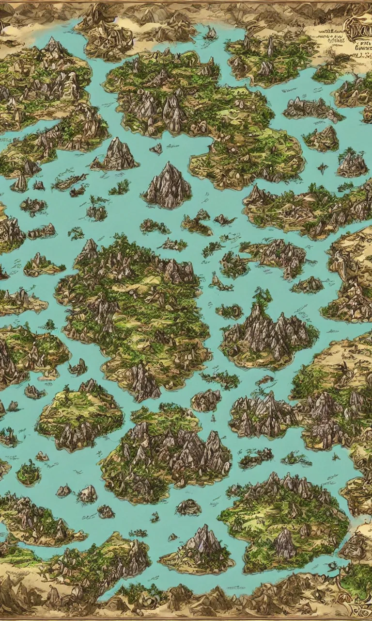 Image similar to an incredibly detailed map of a fantasy world with elaborate biomes and illustrations