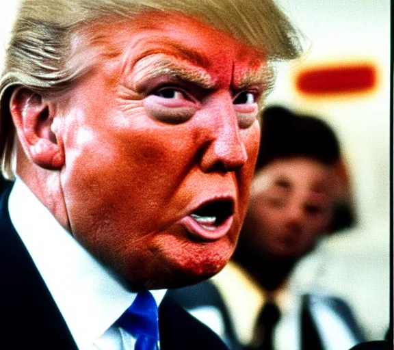 Prompt: color still shot of donald trump on predator 1 9 8 7, face closeup, fighting