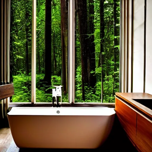 Prompt: close up shot of a bathtub in a small bathroom, bath with candles, large windows outside to a forest at night, interior design