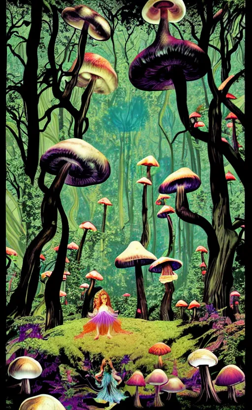 Prompt: psychedelic mushrooms in an enchanted forest with fairies in the trees wide angle shot, white background, vector art, illustration by frank frazetta and salvador dali