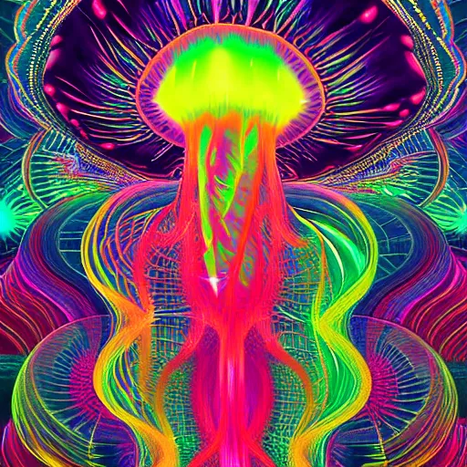 Prompt: beautiful psychedelic jellyfish in hyperspace, colorful fractal jellyfish, national geographic, beeple, m. c. escher