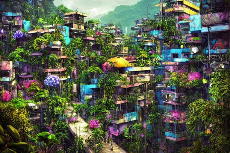 Prompt: favela winding cybernetic thrill ride, lush floral jungle environment, blooms, industrial factory, somber, apocalyptic, award winning art, epic dreamlike fantasy landscape, ultra realistic,