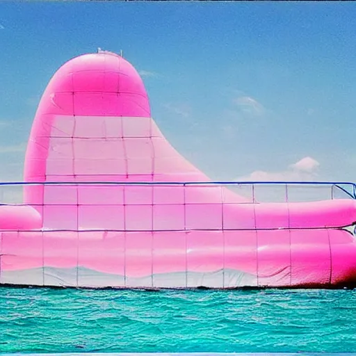 Image similar to a pastel colour high fidelity wide angle Polaroid art photo from a holiday album at a seaside of a large luxury pink ship in the sea surrounded by abstract inflatables parachute art, all objects made of transparent iridescent Perspex and metallic silver, a grid of sun beds iridescence, nostalgic