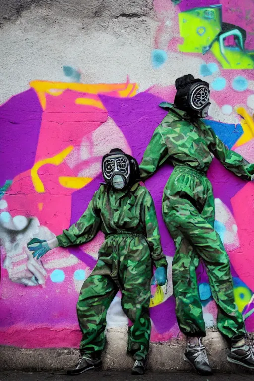 Image similar to a surreal portrait of two women wearing gas masks camouflaged into a wall of colorful graffiti in the style of brooke didonato, editorial fashion photography from vogue magazine, full shot, nikon d 8 1 0, ƒ / 2. 5, focal length : 8 5. 0 mm, exposure time : 1 / 8 0 0, iso : 2 0 0