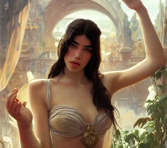 Image similar to photography dualipa with hands - up and hairy armpits, deep focus, intricate, elegant, highly detailed, digital painting, artstation, concept art, matte, sharp focus, illustration, art by artgerm and greg rutkowski and alphonse mucha and gil elvgren