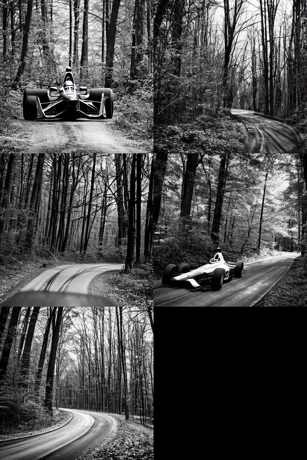 Image similar to indycar driving in the woods, black and white photo